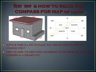 SUPPOSE THERE IS A RECTANGULAR PLOT AND WE HAVE TO READ THE
COMPASS FOR IT.
THEN WE MARK THE DIRECTIONS ACCORDING TO THE CENTER OF PLOT AND
CONSIDER AS A SQUARE PLOT.
 