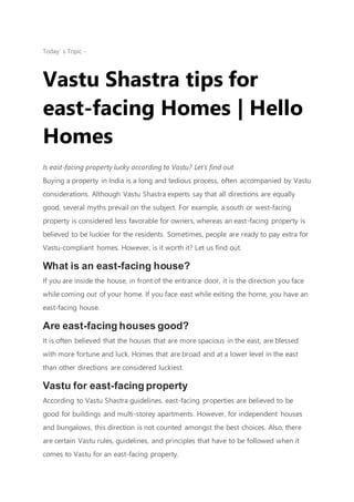 Vastu shastra tips for east facing homes