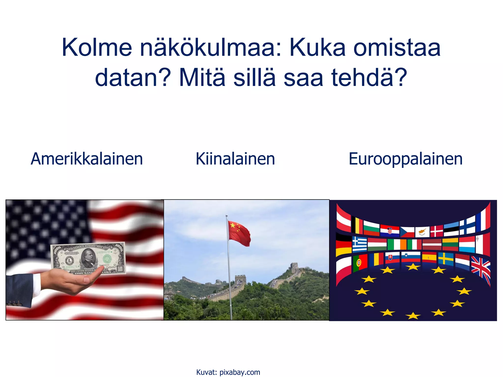Kolme näkökulmaa: Kuka omistaa
datan? Mitä sillä saa tehdä?
Amerikkalainen Kiinalainen Eurooppalainen
Kuvat: pixabay.com
 