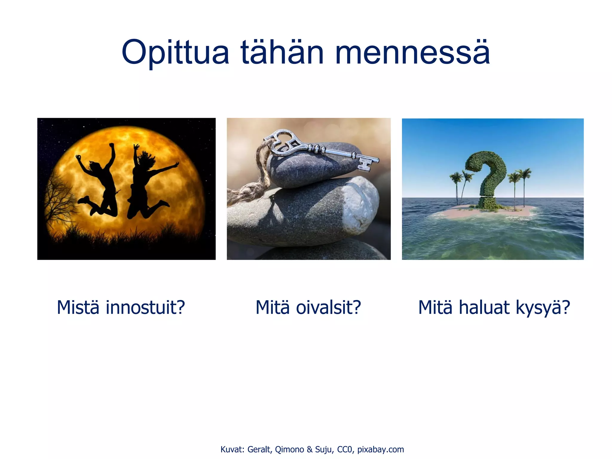 Opittua tähän mennessä
Mistä innostuit? Mitä oivalsit? Mitä haluat kysyä?
Kuvat: Geralt, Qimono & Suju, CC0, pixabay.com
 