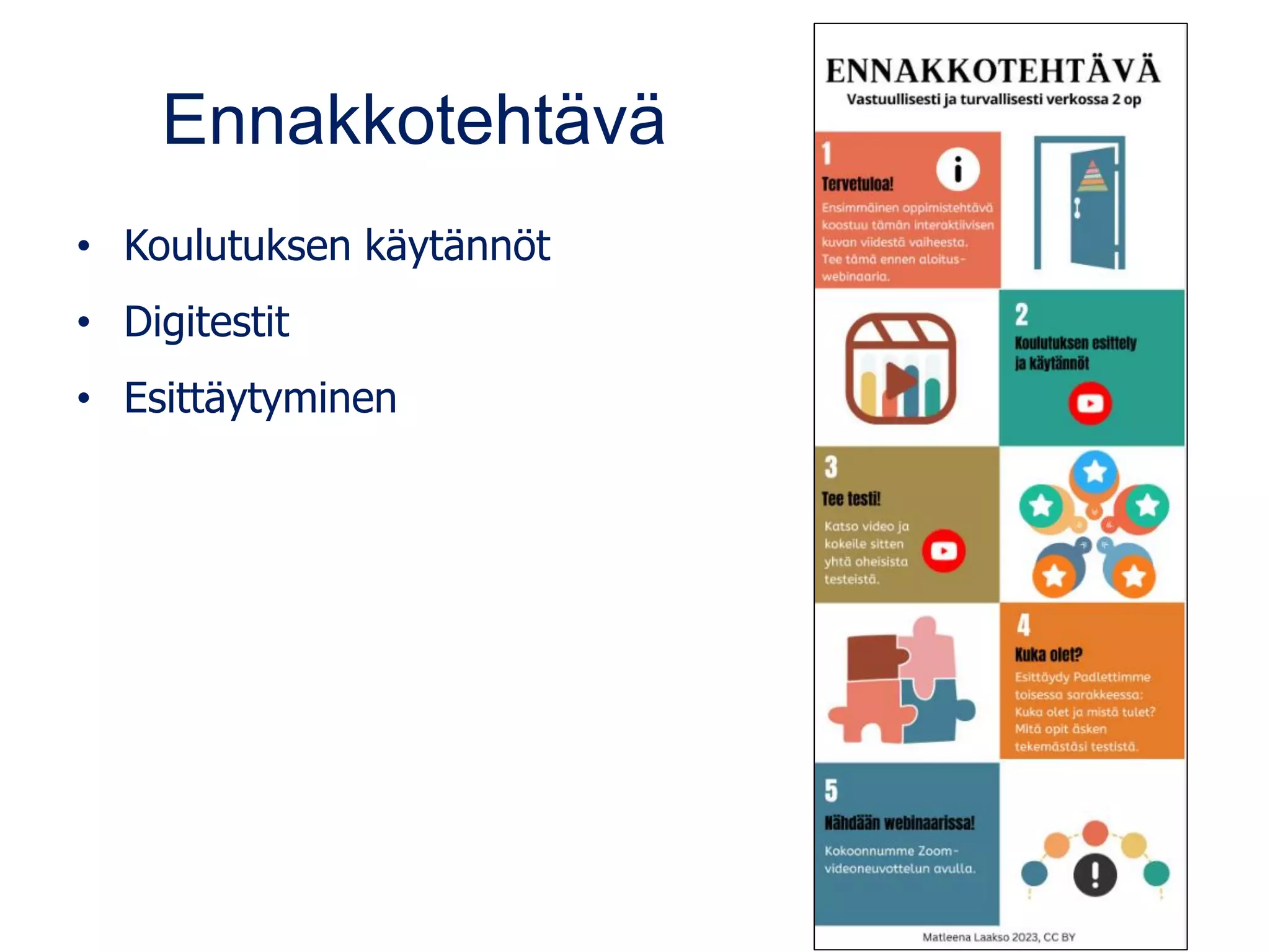 Ennakkotehtävä
• Koulutuksen käytännöt
• Digitestit
• Esittäytyminen
 