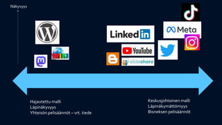 Keskusjohtoinen malli
Läpinäkymättömyys
Bisneksen pelisäännöt
Hajautettu malli
Läpinäkyvyys
Yhteisön pelisäännöt – vrt. tiede
Näkyvyys
 