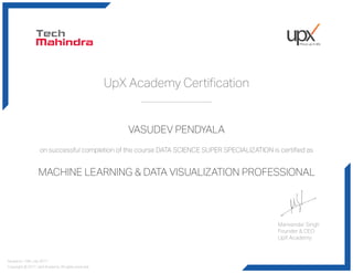 Manvender Singh
Founder & CEO
UpX Academy
Copyright 2017, UpX Academy. All rights reserved.c
Issued on: 10th July 2017
VASUDEV PENDYALA
MACHINE LEARNING & DATA VISUALIZATION PROFESSIONAL
on successful completion of the course DATA SCIENCE SUPER SPECIALIZATION is certified as
UpX Academy Certification
 