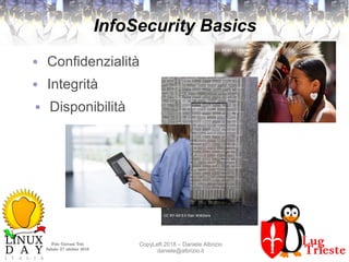 Polo Giovani Toti
Sabato 27 ottobre 2018
CopyLeft 2018 – Daniele Albrizio
daniele@albrizio.it
InfoSecurity Basics
● Confidenzialità
● Integrità
● Disponibilità
CC BY-NC 2.0 thaths
CC BY-SA 2.0 Stan Wiechers
CC BY 2.0 NEC Corporation of America
 