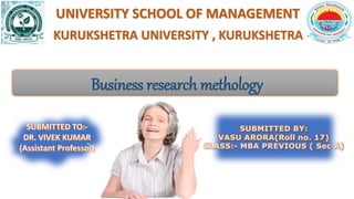 UNIVERSITY SCHOOL OF MANAGEMENT
Business research methology
SUBMITTED BY:
VASU ARORA(Roll no. 17)
CLASS:- MBA PREVIOUS ( Sec A)
KURUKSHETRA UNIVERSITY , KURUKSHETRA
 