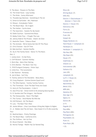 Armazém Do Som: Resultados da pesquisa surf                                                Page 5 of 12



 9. The Move - Flowers In The Rain                                    Disco (6)
 10. The Small Faces - Lazy Sunday                                    Driving Music (7)
 11. The Kinks - Sunny Afternoon                                      DVD (93)
 12. Thunderclap Newman - Something In The Air                        Electro // Electrohouse //
 13. Simon & Garfunkel - Mrs. Robinson                                  Minimal // Tech (10)
 14. Nilsson - Everybody's Talkin'                                    Electro // House (15)
 15. The Beach Boys - Do It Again
                                                                      Eletronica (10)
 16. The Hollies - Carrie Anne
                                                                      Forro (3)
 17. The Searchers - Sweets For My Sweet
                                                                      Francesa (4)
 18. Eddie Cochran - Summertime Blues
                                                                      Funk (18)
 19. Bobby Fuller Four - I Fought The Law
 20. Johnny Kidd & The Pirates - Shakin' All Over                     Gospel (6)

 21. Nashville Teens - Tobacco Road                                   Happy Hardcore (1)
 22. The Animals - We've Gotta Get Out Of This Place                  Hard House // Jumpstyle (2)
 23. Chris Farlowe - Out Of Time                                      Hardstyle (1)
 24. Bob And Earl - Harlem Shuffle                                    Hardstyle // Jumpstyle (1)
 25. Sly & The Family Stone - Dance To The Music                      Hip Hop (38)
 Disc: 2                                                              Hip Hope (25)
 1. Lesley Gore - It's My Party
                                                                      House (17)
 2. Cliff Richard - Summer Holiday
                                                                      Indefinida (1)
 3. Doris Day - Move Over Darling
                                                                      Infantil (3)
 4. Chris Montez - The More I See You
                                                                      Instrumental (28)
 5. 1910 Fruitgum Company - Simon Says
 6. Little Eva - The Locomotion                                       Italiana (13)
 7. Del Shannon - Runaway                                             Jazz (20)
 8. Jan & Dean - Surf City                                            Jumpstyle (4)
 9. Tommy James & The Shondells - Mony Mony                           Lo-Fi // House (2)
 10. Crazy Elephant - Gimme Gimme Good Lovin'                         Lounge (22)
 11. The Ohio Express - Yummy Yummy Yummy                             Marchinhas (3)
 12. The Tremeloes - Even The Bad Times Are Good
                                                                      Metal (122)
 13. Gerry & The Pacemakers - I Like It
                                                                      MPB (64)
 14. Alan Price Set - Simon Smith & His Amazing Dancing Bear
                                                                      Natalina (5)
 15. B. Bumble And The Stingers - Nut Rocker
                                                                      New Age (17)
 16. The Honeycombs - Have I The Right
 17. The Turtles - She'd Rather Be With Me                            Opera (1)

 18. Cliff Richard - On The Beach                                     Outros (8)
 19. Lulu - The Boat That I Row                                       p (1)
 20. Jackie Wilson - (Your Love Keeps Lifting Me) Higher & Higher     Pagode (21)
 21. Jr. Walker And The All Stars - How Sweet It Is (To Be Loved By   Pop (696)
 You)                                                                 Pop Rock (282)
 22. Manfred Mann - Pretty Flamingo                                   Portuguesa (2)
 23. The Beach Boys - California Girls
                                                                      Psychedelic (3)
 24. The Chiffons - He's So Fine
                                                                      Punk (1)
 25. Bruce Channel - Hey Baby
                                                                      Punk Rock (38)
 26. Norma Tanega - Walkin' My Cat Named Dog
                                                                      r (2)




http://armazemdosom.blogspot.com/search?q=surf                                                28/8/2010
 