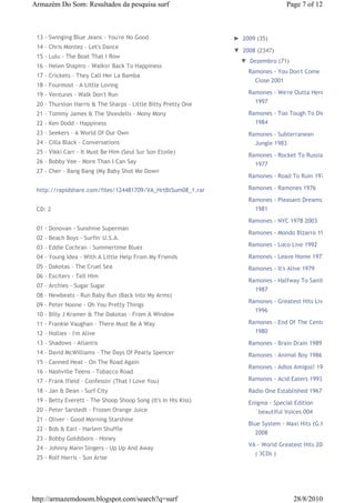 Armazém Do Som: Resultados da pesquisa surf                                        Page 7 of 12



 13 - Swinging Blue Jeans - You're No Good                      ► 2009 (35)
 14 - Chris Montez - Let's Dance
                                                                ▼ 2008 (2347)
 15 - Lulu - The Boat That I Row
                                                                  ▼ Dezembro (71)
 16 - Helen Shapiro - Walkin' Back To Happiness
                                                                    Ramones - You Don't Come
 17 - Crickets - They Call Her La Bamba
                                                                      Close 2001
 18 - Fourmost - A Little Loving
 19 - Ventures - Walk Don't Run                                     Ramones - We're Outta Here!
 20 - Thurston Harris & The Sharps - Little Bitty Pretty One          1997

 21 - Tommy James & The Shondells - Mony Mony                       Ramones - Too Tough To Die
 22 - Ken Dodd - Happiness                                            1984
 23 - Seekers - A World Of Our Own                                  Ramones - Subterranean
 24 - Cilla Black - Conversations                                     Jungle 1983
 25 - Vikki Carr - It Must Be Him (Seul Sur Son Etoile)
                                                                    Ramones - Rocket To Russia
 26 - Bobby Vee - More Than I Can Say                                 1977
 27 - Cher - Bang Bang (My Baby Shot Me Down
                                                                    Ramones - Road To Ruin 1978

 http://rapidshare.com/files/124481709/VA_HrtBtSum08_1.rar          Ramones - Ramones 1976

                                                                    Ramones - Pleasant Dreams
 CD: 2                                                                1981

                                                                    Ramones - NYC 1978 2003
 01 - Donovan - Sunshine Superman
                                                                    Ramones - Mondo Bizarro 1992
 02 - Beach Boys - Surfin' U.S.A.
 03 - Eddie Cochran - Summertime Blues                              Ramones - Loco Live 1992

 04 - Young Idea - With A Little Help From My Friends               Ramones - Leave Home 1977
 05 - Dakotas - The Cruel Sea                                       Ramones - It's Alive 1979
 06 - Exciters - Tell Him
                                                                    Ramones - Halfway To Sanity
 07 - Archies - Sugar Sugar
                                                                      1987
 08 - Newbeats - Run Baby Run (Back Into My Arms)
                                                                    Ramones - Greatest Hits Live
 09 - Peter Noone - Oh You Pretty Things
                                                                      1996
 10 - Billy J Kramer & The Dakotas - From A Window
 11 - Frankie Vaughan - There Must Be A Way                         Ramones - End Of The Century
 12 - Hollies - I'm Alive                                             1980
 13 - Shadows - Atlantis                                            Ramones - Brain Drain 1989
 14 - David McWilliams - The Days Of Pearly Spencer                 Ramones - Animal Boy 1986
 15 - Canned Heat - On The Road Again
                                                                    Ramones - Adios Amigos! 1995
 16 - Nashville Teens - Tobacco Road
 17 - Frank Ifield - Confessin' (That I Love You)                   Ramones - Acid Eaters 1993
 18 - Jan & Dean - Surf City                                        Radio One Established 1967
 19 - Betty Everett - The Shoop Shoop Song (It's In His Kiss)       Enigma - Special Edition
 20 - Peter Sarstedt - Frozen Orange Juice                            `beautiful Voices 004
 21 - Oliver - Good Morning Starshine
                                                                    Blue System - Maxi Hits (G.H.)
 22 - Bob & Earl - Harlem Shuffle
                                                                      2008
 23 - Bobby Goldsboro - Honey
                                                                    VA - World Greatest Hits 2005
 24 - Johnny Mann Singers - Up Up And Away
                                                                      ( 3CDs )
 25 - Rolf Harris - Sun Arise




http://armazemdosom.blogspot.com/search?q=surf                                       28/8/2010
 