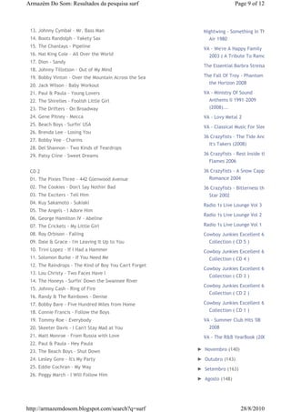 Armazém Do Som: Resultados da pesquisa surf                              Page 9 of 12



 13. Johnny Cymbal - Mr. Bass Man                         Nightwing - Something In The
 14. Boots Randolph - Yakety Sax                            Air 1980
 15. The Chantays - Pipeline
                                                          VA - We're A Happy Family
 16. Nat King Cole - All Over the World                     2003 ( A Tribute To Ramo...
 17. Dion - Sandy
                                                          The Essential Barbra Streisand
 18. Johnny Tillotson - Out of My Mind
 19. Bobby Vinton - Over the Mountain Across the Sea      The Fall Of Troy - Phantom On
                                                            the Horizon 2008
 20. Jack Wilson - Baby Workout
 21. Paul & Paula - Young Lovers                          VA - Ministry Of Sound
 22. The Shirelles - Foolish Little Girl                    Anthems II 1991-2009
 23. The Drifters - On Broadway                             (2008)...
 24. Gene Pitney - Mecca                                  VA - Lovy Metal 2
 25. Beach Boys - Surfin' USA
                                                          VA - Classical Music For Sleep
 26. Brenda Lee - Losing You
                                                          36 Crazyfists - The Tide And
 27. Bobby Vee - Charms
                                                            It's Takers (2008)
 28. Del Shannon - Two Kinds of Teardrops
 29. Patsy Cline - Sweet Dreams                           36 Crazyfists - Rest Inside the
                                                            Flames 2006

 CD 2                                                     36 Crazyfists - A Snow Capped
 01. The Pixies Three - 442 Glenwood Avenue                 Romance 2004
 02. The Cookies - Don't Say Nothin' Bad                  36 Crazyfists - Bitterness the
 03. The Exciters - Tell Him                                Star 2002
 04. Kuy Sakamoto - Sukiaki
                                                          Radio 1s Live Lounge Vol 3
 05. The Angels - I Adore Him
                                                          Radio 1s Live Lounge Vol 2
 06. George Hamilton IV - Abeline
 07. The Crickets - My Little Girl                        Radio 1s Live Lounge Vol 1
 08. Roy Orbison - Falling                                Cowboy Junkies Excellent 6 CD
 09. Dale & Grace - I'm Leaving It Up to You                Collection ( CD 5 )
 10. Trini Lopez - If I Had a Hammer                      Cowboy Junkies Excellent 6 CD
 11. Solomon Burke - If You Need Me                         Collection ( CD 4 )
 12. The Raindrops - The Kind of Boy You Can't Forget
                                                          Cowboy Junkies Excellent 6 CD
 13. Lou Christy - Two Faces Have I
                                                            Collection ( CD 3 )
 14. The Honeys - Surfin' Down the Swannee River
                                                          Cowboy Junkies Excellent 6 CD
 15. Johnny Cash - Ring of Fire
                                                            Collection ( CD 2 )
 16. Randy & The Rainbows - Denise
 17. Bobby Bare - Five Hundred Miles from Home            Cowboy Junkies Excellent 6 CD
 18. Connie Francis - Follow the Boys                       Collection ( CD 1 )

 19. Tommy Roe - Everybody                                VA - Summer Club Hits '08
 20. Skeeter Davis - I Can't Stay Mad at You                2008
 21. Matt Monroe - From Russia with Love                  VA - The R&B YearBook (2008)
 22. Paul & Paula - Hey Paula
 23. The Beach Boys - Shut Down                         ► Novembro (140)

 24. Lesley Gore - It's My Party                        ► Outubro (143)
 25. Eddie Cochran - My Way                             ► Setembro (163)
 26. Peggy March - I Will Follow Him
                                                        ► Agosto (148)




http://armazemdosom.blogspot.com/search?q=surf                             28/8/2010
 