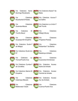  
 
Vía Colectora Santo     
Domingo­Rocafuerte 
Vía Colectora Daule­T de       
Baba 
 
Vía Colectora   
Rocafuerte­El Rodeo 
Vía Colectora Aurora­T     
de Salitre 
 
Vía Colectora   
Guamote­Macas 
Vía Colectora La Unión­T       
del Triunfo 
 
Vía Colectora El     
Triunfo­Alausí 
Vía Colectora   
Milagro­Bucay 
 
Vía Colectora   
Guayaquil­El Empalme 
Vía Colectora   
Progreso­Posorja 
 
Vía Colectora Durán­T     
de Milagro 
Vía Colectora   
Riobamba­T de Baños 
Vía Colectora Durán­km     
27 
Vía Colectora   
Babahoyo­Ambato 
 
Vía Colectora La     
Troncal­Puerto Inca 
Vía Colectora   
Guaranda­Chimborazo 
 
Vía Colectora Cumbe­Y     
de Corralitos 
Vía Colectora Acceso     
Norte de Ambato 
 
Vía Colectora Alamor­El     
Empalme 
Vía Colectora Acceso     
Central de Ambato 
 
Vía Colectora   
Catamayo­Macará 
Vía Colectora Acceso     
Sur de Ambato 
Vía Colectora   
Maldonado­Tulcán 
Vía Colectora   
Cuenca­Puerto Inca 
   
 