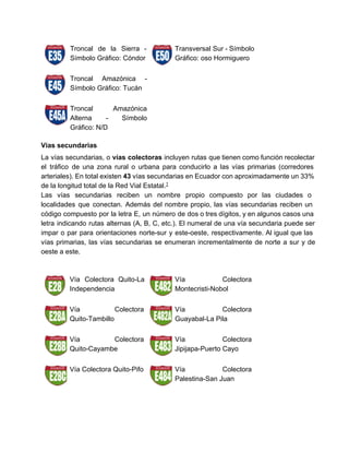  
 
Troncal de la Sierra ­         
Símbolo Gráfico: Cóndor 
Transversal Sur ­ Símbolo     
Gráfico: oso Hormiguero 
 
Troncal Amazónica ­     
Símbolo Gráfico: Tucán 
   
Troncal Amazónica   
Alterna ­ Símbolo     
Gráfico: N/D 
   
Vías secundarias 
La vías secundarias, o vías colectoras incluyen rutas que tienen como función recolectar                         
el tráfico de una zona rural o urbana para conducirlo a las vías primarias (corredores                             
arteriales). En total existen 43 vías secundarias en Ecuador con aproximadamente un 33%                         
de la longitud total de la Red Vial Estatal.1 
Las vías secundarias reciben un nombre propio compuesto por las ciudades o                       
localidades que conectan. Además del nombre propio, las vías secundarias reciben un                       
código compuesto por la letra E, un número de dos o tres dígitos, y en algunos casos una                                   
letra indicando rutas alternas (A, B, C, etc.). El numeral de una vía secundaria puede ser                               
impar o par para orientaciones norte­sur y este­oeste, respectivamente. Al igual que las                         
vías primarias, las vías secundarias se enumeran incrementalmente de norte a sur y de                           
oeste a este. 
       
 
Vía Colectora Quito­La     
Independencia 
Vía Colectora   
Montecristi­Nobol 
Vía Colectora   
Quito­Tambillo 
Vía Colectora   
Guayabal­La Pila 
Vía Colectora   
Quito­Cayambe 
Vía Colectora   
Jipijapa­Puerto Cayo 
Vía Colectora Quito­Pifo  Vía Colectora   
Palestina­San Juan 
   
 
