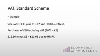 VAT: Standard Scheme
• Example:
Sales of £83.33 plus £16.67 VAT (100/6 = £16.66)
Purchases of £30 including VAT (30/6 = £5)
£16.66 minus £5 = £11.66 due to HMRC
 