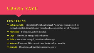 F U N C T I O N S
 Vak pravrutti – Stimulates Peripheral Speech Apparatus (Larynx with its
connections) for Articulation of Sound and accomplishes act of Phonation
 Prayatna – Stimulator, action initiator
 Urja – Element of energy and activeness
 Bala – Inoculates strength, stamina and courage
 Varna – Enhances Skin complexion, looks and personality
 Smruti – Develops and facilitates memory power
UDANA VAYU
 