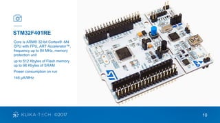 10
STM32F401RE
Core is ARM® 32-bit Cortex® -M4
CPU with FPU, ART Accelerator™,
frequency up to 84 MHz, memory
protection unit
up to 512 Kbytes of Flash memory
up to 96 Kbytes of SRAM
Power consumption on run
146 μA/MHz
 