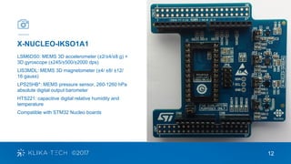 12
X-NUCLEO-IKSO1A1
LSM6DS0: MEMS 3D accelerometer (±2/±4/±8 g) +
3D gyroscope (±245/±500/±2000 dps)
LIS3MDL: MEMS 3D magnetometer (±4/ ±8/ ±12/
16 gauss)
LPS25HB*: MEMS pressure sensor, 260-1260 hPa
absolute digital output barometer
HTS221: capacitive digital relative humidity and
temperature
Compatible with STM32 Nucleo boards
 