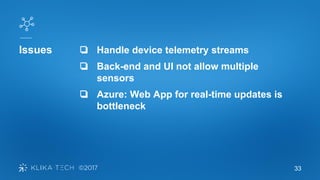33
❏ Handle device telemetry streams
❏ Back-end and UI not allow multiple
sensors
❏ Azure: Web App for real-time updates is
bottleneck
Issues
 