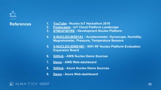 38
References 1. YouTube - Nucleo IoT Hackathon 2016
2. Postscapes - IoT Cloud Platform Landscape
3. STM32F401RE - Development Nucleo Platform
4. X-NUCLEO-IKS01A1 - Accelerometer, Gyroscope, Humidity,
Magnetometer, Pressure, Temperature Sensors
5. X-NUCLEO-IDW01M1 - WiFi RF Nucleo Platform Evaluation
Expansion Board
6. GitHub - AWS Nucleo Demo Sources
7. Demo - AWS Web-dashboard
8. GitHub - Azure Nucleo Demo Sources
9. Demo - Azure Web-dashboard
 