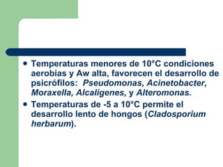 <ul><li>Temperaturas menores de 10°C condiciones aerobias y Aw alta, favorecen el desarrollo de psicrófilos:   Pseudomonas...