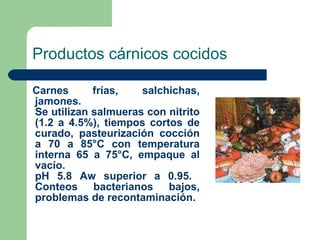Productos cárnicos cocidos <ul><li>Carnes frías, salchichas, jamones.   Se utilizan salmueras con nitrito (1.2 a 4.5%), ti...