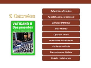 Ad gentes divinitus
Apostolicam actuositatem
Christus Dominus
Inter mirifica
Optatam totius
Orientalium Ecclesiarum

Perfectae caritatis
Presbyterorum Ordinis
Unitatis redintegratio

 