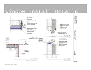 A3.5
3032ArizonaStreet
OaklandCalifornia,94602
ColinGrothBuilders
4615ParkBoulevard
Oakland,CA94602
Window
Details
Caulk Bead @
Joints. typ.
Tape Window
Frame to Sill
Water Proof Membrane
Tape or Flex-f lashing, Typ.
Sloped Playwood / Wood
Sill Cover to Extend Over
Exterior Insul.
Tapered Sill, Finish Nailed
into Furring Strips
3/4" 3 1/2" 1/2" 2 1/2" 3/4"3/4"
Mtl. Flashing w/ Positive
Drainage @ WRB, Typ.
Air Seal
Water Proof Membrane
Tape or Plex-f lashing, Typ.
Gyp. Rock Return
Air Seal Window
to Jamb | R.O. Surround (Tape)
Pre-Drill Holes In Fiberglass
Frame
*Fiberglass Tape and Epoxy Seal
Over Holes Once Installed.
Water-proof Flashing to Connect
to WRB @ Exterior
Hardi or EQ. Jamb Trim, Finish
Nailed to Furring Strips
Furring Strips Typ.
Alpen 525 - S Series
WRB Must lap over Mtl. Flashing
here at Hdr. ( Cont. WRB can be
broken)
Jamb Section
3" = 1'0"
A3.5
1
Header Detail
3" = 1'0"
A3.5
2
Sill Detail
3" = 1'0"
A3.5
3
Barge Rafter Detail
1" = 1'0"
A3.5
4
Corrugated
Metal Roof
6" HUNTER XCI
FOIL instulation
Grace Roof
Underlay OR
Building Paper Closure Strips (to be
connected to rafters)
1/2" Plywood
Sheathing
Continuous
Air Barrier
Continuous
Weather Barrier
1/2 "
Plywood
Window Install Details!
Drawings:	
  Kevin	
  Neilan	
  
 