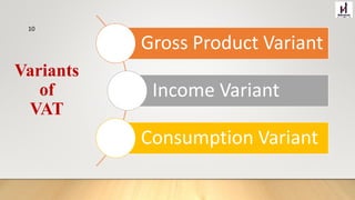 Variants
of
VAT
Gross Product Variant
Income Variant
Consumption Variant
10
 