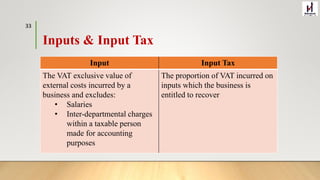 Inputs & Input Tax
Input Input Tax
The VAT exclusive value of
external costs incurred by a
business and excludes:
• Salaries
• Inter-departmental charges
within a taxable person
made for accounting
purposes
The proportion of VAT incurred on
inputs which the business is
entitled to recover
33
 