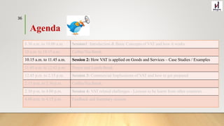 Agenda
8.30 a.m. to 10.00 a.m. Session1: Introduction & Basic Concepts of VAT and how it works
10 a.m. to 10.15 a.m. Coffee/Tea Break
10.15 a.m. to 11.45 a.m. Session 2: How VAT is applied on Goods and Services – Case Studies / Examples
11.45 a.m. to 12.45 p.m. Prayer and Lunch Break
12.45 p.m. to 2.15 p.m. Session 3: Commercial Implications of VAT and how to get prepared
2.15 p.m. to 2.30 p.m. Coffee/Tea Break
2.30 p.m. to 4.00 p.m. Session 4: VAT related challenges - Lessons to be learnt from other countries
4.00 p.m. to 4.15 p.m. Feedback and Summary session
36
 