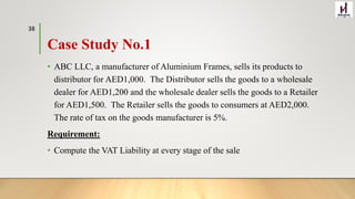 Case Study No.1
• ABC LLC, a manufacturer of Aluminium Frames, sells its products to
distributor for AED1,000. The Distributor sells the goods to a wholesale
dealer for AED1,200 and the wholesale dealer sells the goods to a Retailer
for AED1,500. The Retailer sells the goods to consumers at AED2,000.
The rate of tax on the goods manufacturer is 5%.
Requirement:
• Compute the VAT Liability at every stage of the sale
38
 