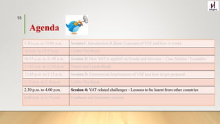Agenda
8.30 a.m. to 10.00 a.m. Session1: Introduction & Basic Concepts of VAT and how it works
10 a.m. to 10.15 a.m. Coffee/Tea Break
10.15 a.m. to 11.45 a.m. Session 2: How VAT is applied on Goods and Services – Case Studies / Examples
11.45 a.m. to 12.45 p.m. Prayer and Lunch Break
12.45 p.m. to 2.15 p.m. Session 3: Commercial Implications of VAT and how to get prepared
2.15 p.m. to 2.30 p.m. Coffee/Tea Break
2.30 p.m. to 4.00 p.m. Session 4: VAT related challenges - Lessons to be learnt from other countries
4.00 p.m. to 4.15 p.m. Feedback and Summary session
55
 