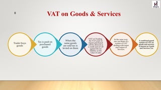 VAT on Goods & Services
A combined grand
system of VAT on
goods and services
is known as Goods
and Services Tax
In the same way,
one can think of a
system of VAT
dealing with input
and output of
Services.
VAT on Trading -
the VAT paid on
inputs purchased
will be allowed as
a credit and set off
against the tax
liability on the
value of sales
When the
same goods
are sold tax is
levied on them
Tax is paid on
purchased
goods
Trader buys
goods
8
 