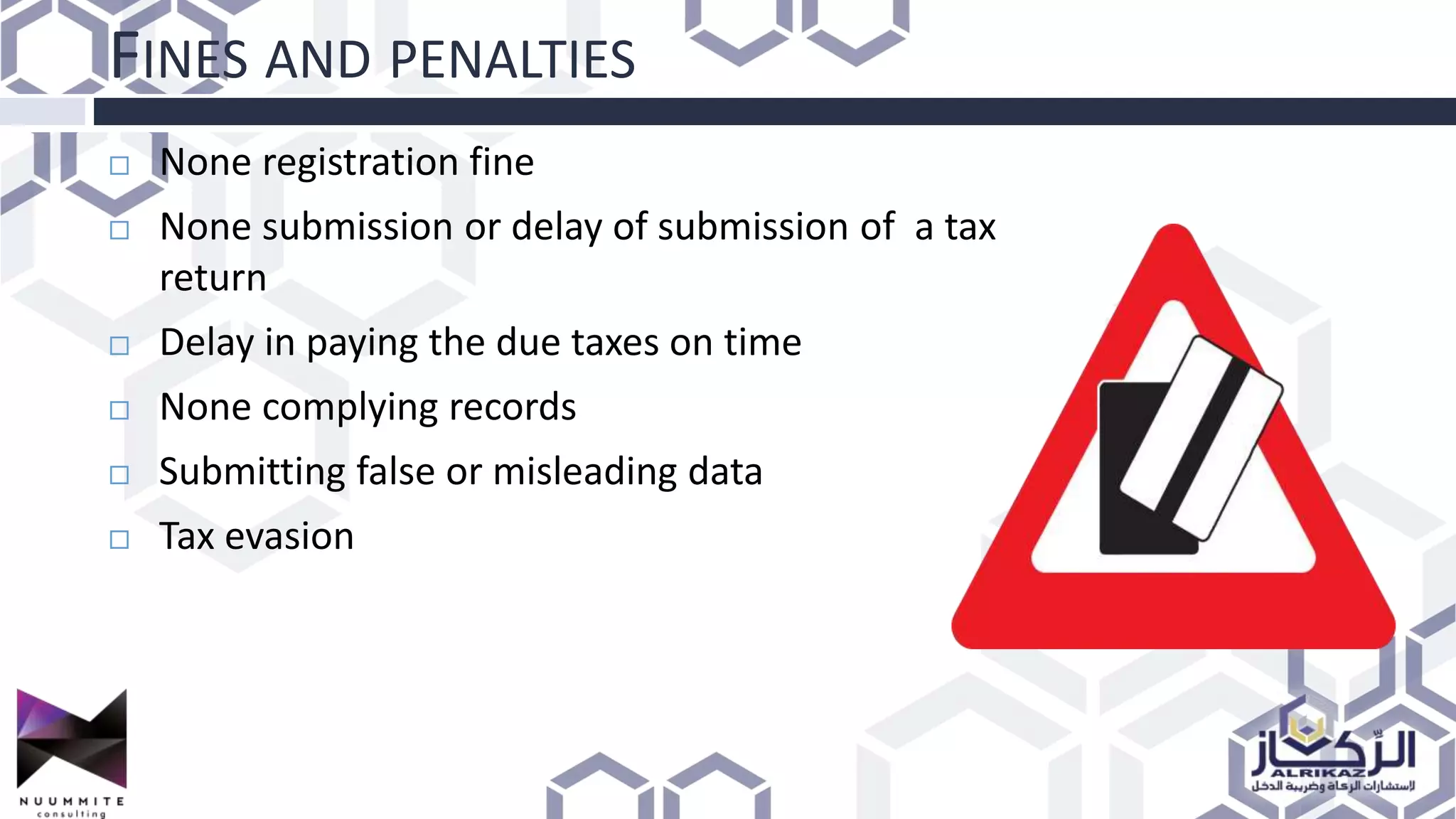 FINES AND PENALTIES
 None registration fine
 None submission or delay of submission of a tax
return
 Delay in paying the due taxes on time
 None complying records
 Submitting false or misleading data
 Tax evasion
 