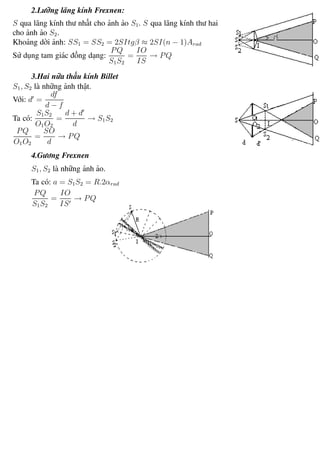 Phương pháp giải toán Vật Lý 12 Trường THPT - Phong Điền
2.Lưỡng lăng kính Frexnen:
S qua lăng kính thư nhất cho ảnh ảo S1. S qua lăng kính thư hai
cho ảnh ảo S2.
Khoảng dời ảnh: SS1 = SS2 = 2SItgβ ≈ 2SI(n − 1)Arad
Sử dụng tam giác đồng dạng:
PQ
S1S2
=
IO
IS
→ PQ
3.Hai nữa thấu kính Billet
S1, S2 là những ảnh thật.
Với: d =
df
d − f
Ta có:
S1S2
O1O2
=
d + d
d
→ S1S2
PQ
O1O2
=
SO
d
→ PQ
4.Gương Frexnen
S1, S2 là những ảnh ảo.
Ta có: a = S1S2 = R.2αrad
PQ
S1S2
=
IO
IS
→ PQ
Th.s Trần AnhTrung 100 Luyện thi đại học
 