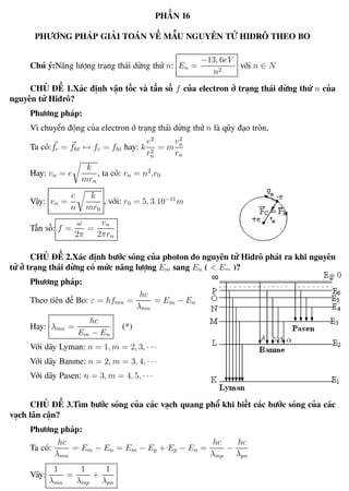 PHẦN 16
PHƯƠNG PHÁP GIẢI TOÁN VỀ MẪU NGUYÊN TỬ HIĐRÔ THEO BO
Chú ý:Năng lượng trạng thái dừng thứ n: En =
−13, 6eV
n2
với n ∈ N
CHỦ ĐỀ 1.Xác định vận tốc và tần số f của electron ở trạng thái dừng thứ n của
nguyên tử Hiđrô?
Phương pháp:
Vì chuyển động của electron ở trạng thái dừng thứ n là qũy đạo tròn,
Ta có:fc = fht ↔ fc = fht hay: k
e2
r2
n
= m
v2
n
rn
Hay: vn = e
k
mrn
, ta có: rn = n2
.r0
Vậy: vn =
e
n
k
mr0
, với: r0 = 5, 3.10−11
m
Tần số: f =
ω
2π
=
vn
2πrn
CHỦ ĐỀ 2.Xác định bước sóng của photon do nguyên tử Hiđrô phát ra khi nguyên
tử ở trạng thái dừng có mức năng lượng Em sang En ( < Em )?
Phương pháp:
Theo tiên đề Bo: ε = hfmn =
hc
λmn
= Em − En
Hay: λmn =
hc
Em − En
(*)
Với dãy Lyman: n = 1, m = 2, 3, · · ·
Với dãy Banme: n = 2, m = 3, 4, · · ·
Với dãy Pasen: n = 3, m = 4, 5, · · ·
CHỦ ĐỀ 3.Tìm bước sóng của các vạch quang phổ khi biết các bước sóng của các
vạch lân cận?
Phương pháp:
Ta có:
hc
λmn
= Em − En = Em − Ep + Ep − En =
hc
λmp
−
hc
λpn
Vây:
1
λmn
=
1
λmp
+
1
λpn
 