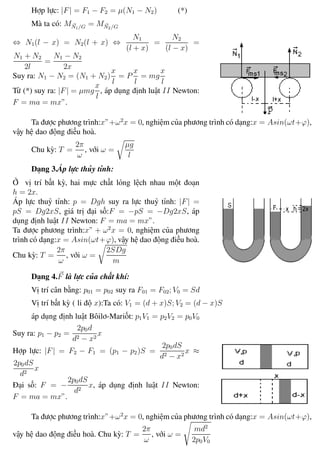 Phương pháp giải toán Vật Lý 12 Trường THPT - Phong Điền
Hợp lực: |F| = F1 − F2 = µ(N1 − N2) (*)
Mà ta có: MN1/G = MN2/G
⇔ N1(l − x) = N2(l + x) ⇔
N1
(l + x)
=
N2
(l − x)
=
N1 + N2
2l
=
N1 − N2
2x
Suy ra: N1 − N2 = (N1 + N2)
x
l
= P
x
l
= mg
x
l
Từ (*) suy ra: |F| = µmg
x
l
, áp dụng định luật II Newton:
F = ma = mx”.
Ta được phương trình:x”+ω2
x = 0, nghiệm của phương trình có dạng:x = Asin(ωt+ϕ),
vậy hệ dao động điều hoà.
Chu kỳ: T =
2π
ω
, với ω =
µg
l
Dạng 3.Áp lực thủy tỉnh:
Ở vị trí bất kỳ, hai mực chất lỏng lệch nhau một đoạn
h = 2x.
Áp lực thuỷ tỉnh: p = Dgh suy ra lực thuỷ tỉnh: |F| =
pS = Dg2xS, giá trị đại số:F = −pS = −Dg2xS, áp
dụng định luật II Newton: F = ma = mx”.
Ta được phương trình:x” + ω2
x = 0, nghiệm của phương
trình có dạng:x = Asin(ωt+ϕ), vậy hệ dao động điều hoà.
Chu kỳ: T =
2π
ω
, với ω =
2SDg
m
Dạng 4.F là lực của chất khí:
Vị trí cân bằng: p01 = p02 suy ra F01 = F02; V0 = Sd
Vị trí bất kỳ ( li độ x):Ta có: V1 = (d + x)S; V2 = (d − x)S
áp dụng định luật Bôilơ-Mariốt: p1V1 = p2V2 = p0V0
Suy ra: p1 − p2 =
2p0d
d2 − x2
x
Hợp lực: |F| = F2 − F1 = (p1 − p2)S =
2p0dS
d2 − x2
x ≈
2p0dS
d2
x
Đại số: F = −
2p0dS
d2
x, áp dụng định luật II Newton:
F = ma = mx”.
Ta được phương trình:x”+ω2
x = 0, nghiệm của phương trình có dạng:x = Asin(ωt+ϕ),
vậy hệ dao động điều hoà. Chu kỳ: T =
2π
ω
, với ω =
md2
2p0V0
Th.s Trần AnhTrung 21 Luyện thi đại học
 