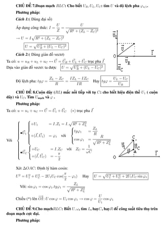 Phương pháp giải toán Vật Lý 12 Trường THPT - Phong Điền
CHỦ ĐỀ 7.Đoạn mạch RLC: Cho biết UR, UL, UC: tìm U và độ lệch pha ϕu/i.
Phương pháp:
Cách 1:( Dùng đại số)
Áp dụng công thức: I =
U
Z
=
U
R2 + (ZL − ZC )2
→ U = I R2 + (ZL − ZC )2
U = U2
R + (UL − UC )2
Cách 2:( Dùng giản đồ vectơ)
Ta có: u = uR + uL + uC ↔ U = UR + UL + UC trục pha I
Dựa vào giản đồ vectơ: ta được U = U2
R + (UL − UC )2
Độ lệch pha: tgϕ =
ZL − ZC
R
=
IZL − IZC
IR
Hay tgϕ =
UL − UC
UR
CHỦ ĐỀ 8.Cuộn dây (RL) mắc nối tiếp với tụ C: cho biết hiệu điện thế U1 ( cuộn
dây) và UC . Tìm Umạch và ϕ .
Phương pháp:
Ta có: u = u1 + uC ↔ U = U1 + UC (∗) trục pha I
Với



•U1



+U1 = I.Z1 = I. R2 + Z2
L
+(I, U1) = ϕ1 với



tgϕ1 =
ZL
R
cos ϕ1 =
R
R2 + Z2
L
•UC



+UC = I.ZC với ZC =
1
ωC
+(I, UC ) = −
π
2
Xét ∆OAC: Định lý hàm cosin:
U2
= U2
1 + U2
C − 2U1UC cos(
π
2
− ϕ1) Hay U = U2
1 + U2
C + 2U1UC sin ϕ1
Với: sin ϕ1 = cos ϕ1.tgϕ1 =
ZL
R2 + Z2
L
Chiếu (*) lên
−→
OI: U cos ϕ = U1 cos ϕ1 → cos ϕ =
U
U1
cos ϕ1
CHỦ ĐỀ 9.Cho mạchRLC: Biết U, ω, tìm L, hayC, hayR để công suất tiêu thụ trên
đoạn mạch cực đại.
Phương pháp:
Th.s Trần AnhTrung 45 Luyện thi đại học
 