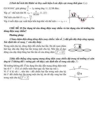 Phương pháp giải toán Vật Lý 12 Trường THPT - Phong Điền
2.Tính thể tích khí Hiđrô và Oxy xuất hiện ở các điện cực trong thời gian t(s):
Cứ 96500C giải phóng
A
n
= 1g tương ứng 11, 2(l)H đktc.
Vậy qC :thể tích khí H: vH =
q
96500
.11, 2(l)
Thể tích của khí O: vO =
vH
2
Vậy ở mỗi điện cực xuất hiện hổn hợp khí với thể tích v = vO + vH
CHỦ ĐỀ 15.Tác dụng từ của dòng điện xoay chiều và tác dụng của từ trường lên
dòng điện xoay chiều?
Phương pháp:
1.Nam châm điện dùng dòng điện xoay chiều ( tần số f) đặt gần dây thép căng ngang.
Xác định tần số rung f của dây thép:
Trong một chu kỳ, dòng điện đổi chiều hai lần. Do đó nam châm
hút hay nhả dây thép hai lần trong một chu kỳ. Nên tần số dao
động của dây thép bằng hai lần tần số của dòng điện: f = 2f
2.Dây dẫn thẳng căng ngang mang dòng điện xoay chiều đặt trong từ trường có cảm
ứng từ B không đổi ( vuông góc với dây): xác định tần số rung của dây f :
Từ trường không đổi B tác dụng lên dây dẫn mang dòng điện một
lực từ F = Bil( có chiều tuân theo quy tắc bàn tay trái ).
Vì F tỉ lệ với i , nên khi i đổi chiều hai lần trong một chu kỳ
thì F đổi chiều hai lần trong một chu kỳ, do đó dây rung hai lần
trong một chu kỳ. f = f
Th.s Trần AnhTrung 52 Luyện thi đại học
 