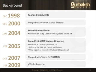 Background Founded ClickAgents 1998 DEC 2000 DEC 2004 JAN 2005 FEB 2007 OCT Merged with Value Click for  $40MM Founded BlueLithium Focused on using Data and Analytics to create lift Raised $11.5MM Venture Financing 8x return in 2 ½ years (WaldenVC, 3i) Offices in the USA, UK, France, and Belarus Third biggest ad network in US; Second biggest in UK Merged with Yahoo for  $300MM 2009 gWallet Launches SEP 