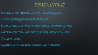 DISADVANTAGE
IT CREATES THE SWARMS OF FLIES AND MOSQUITOES.
THE MORE FREQUENT POWER OUTTAGES.
IT TAKES DAYS FOR YOUR FRESHLY WASHED CLOTHES TO DRY.
DIRTY ROADS TURN INTO PONDS, RIVERS, AND/OR SWAMPS.
THE ROOF LEAKS.
OUTBREAKS OF MALARIA, DENGUE AND DYSENTERY.
 