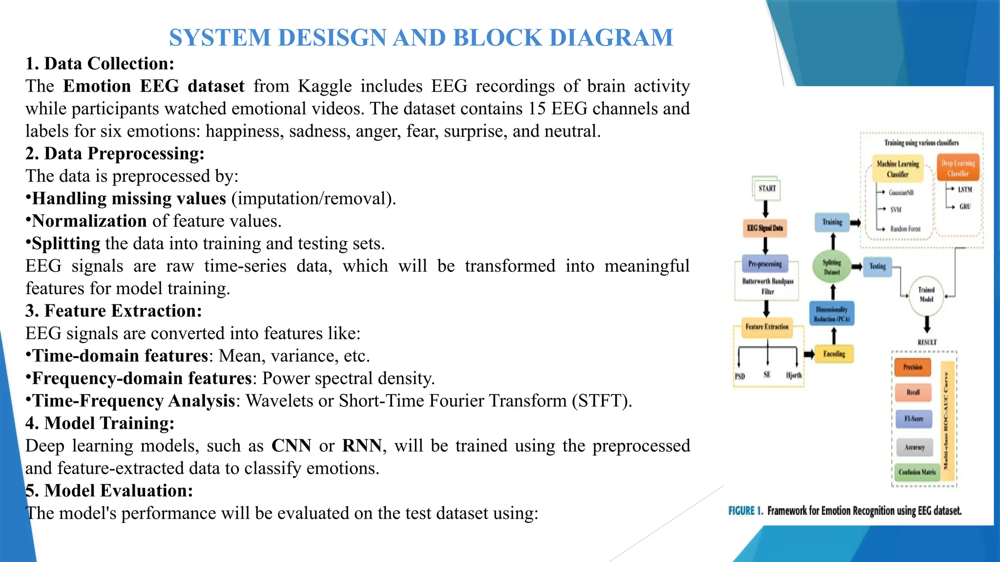 SYSTEM DESISGN AND BLOCK DIAGRAM
1. Data Collection:
The Emotion EEG dataset from Kaggle includes EEG recordings of brain activity
while participants watched emotional videos. The dataset contains 15 EEG channels and
labels for six emotions: happiness, sadness, anger, fear, surprise, and neutral.
2. Data Preprocessing:
The data is preprocessed by:
•Handling missing values (imputation/removal).
•Normalization of feature values.
•Splitting the data into training and testing sets.
EEG signals are raw time-series data, which will be transformed into meaningful
features for model training.
3. Feature Extraction:
EEG signals are converted into features like:
•Time-domain features: Mean, variance, etc.
•Frequency-domain features: Power spectral density.
•Time-Frequency Analysis: Wavelets or Short-Time Fourier Transform (STFT).
4. Model Training:
Deep learning models, such as CNN or RNN, will be trained using the preprocessed
and feature-extracted data to classify emotions.
5. Model Evaluation:
The model's performance will be evaluated on the test dataset using:
 