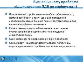Висновки: чому проблема
    відшкодування ПДВ не вирішується?
Попри активні спроби зменшити обсяг заборгованості,
немає впевненості в тому, що в разі погіршення
економічної ситуації вона не почне зростати знову, адже
системні проблеми лишаються
Рівень законодавчого забезпечення та виконання
судових рішень (на користь платників податків)
лишається низьким
Суди ігнорують явні порушення з боку податкової
Санкції проти компаній часто зумовлені політичним
переслідуванням чи спробами захоплення підприємств
 