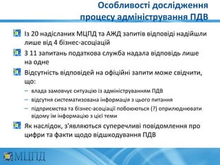 Особливості дослідження
                   процесу адміністрування ПДВ
Із 20 надісланих МЦПД та АЖД запитів відповіді надійшли
лише від 4 бізнес-асоціацій
З 11 запитань податкова служба надала відповідь лише
на одне
Відсутність відповідей на офіційні запити може свідчити,
що:
– влада замовчує ситуацію із адмініструванням ПДВ
– відсутня систематизована інформація з цього питання
– підприємства та бізнес-асоціації побоюються (?) оприлюднювати
  відому їм інформацію з цієї теми
Як наслідок, з'являються суперечливі повідомлення про
цифри та факти щодо відшкодування ПДВ
 