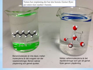 Vatten har ytspänning det har inte bensin. Gemet flyter
på vatten men sjunker i bensin.
 