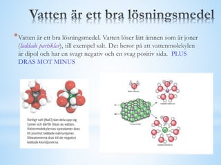 *Vatten är ett bra lösningsmedel. Vatten löser lätt ämnen som är joner
(laddade partiklar), till exempel salt. Det beror på att vattenmolekylen
är dipol och har en svagt negativ och en svag positiv sida. PLUS
DRAS MOT MINUS
 