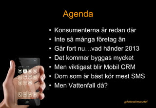 Agenda
•    Konsumenterna är redan där
•    Inte så många företag än
•    Går fort nu…vad händer 2013
•    Det kommer byggas mycket
•    Men viktigast blir Mobil CRM
•    Dom som är bäst kör mest SMS
•    Men Vattenfall då?
 