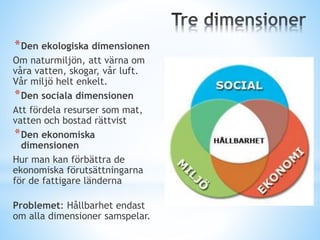 *Den ekologiska dimensionen
Om naturmiljön, att värna om
våra vatten, skogar, vår luft.
Vår miljö helt enkelt.
*Den sociala dimensionen
Att fördela resurser som mat,
vatten och bostad rättvist
*Den ekonomiska
dimensionen
Hur man kan förbättra de
ekonomiska förutsättningarna
för de fattigare länderna
Problemet: Hållbarhet endast
om alla dimensioner samspelar.
 