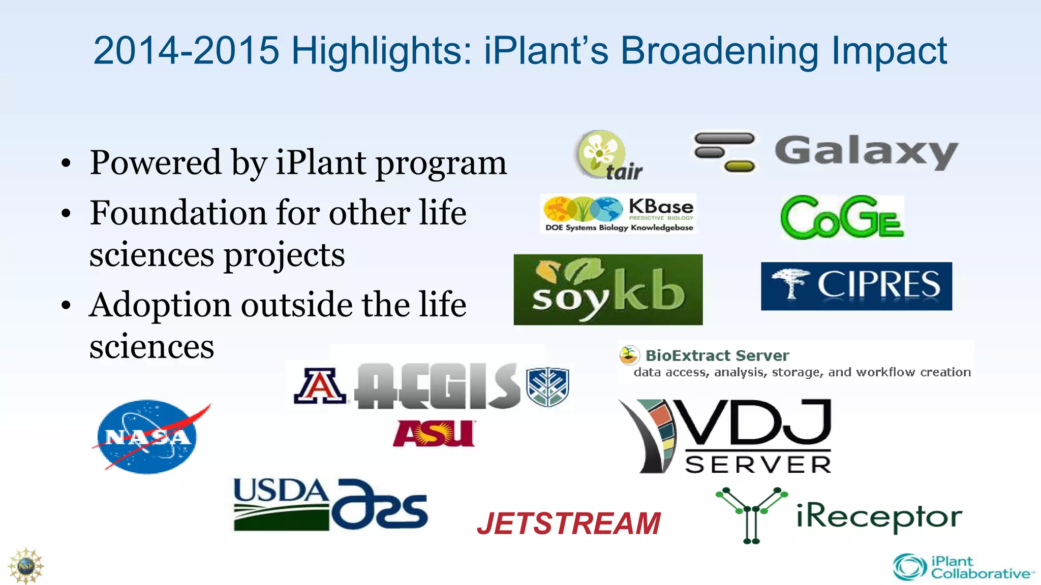 2014-2015 Highlights: iPlant’s Broadening Impact
• Powered by iPlant program
• Foundation for other life
sciences projects
• Adoption outside the life
sciences
JETSTREAM
 