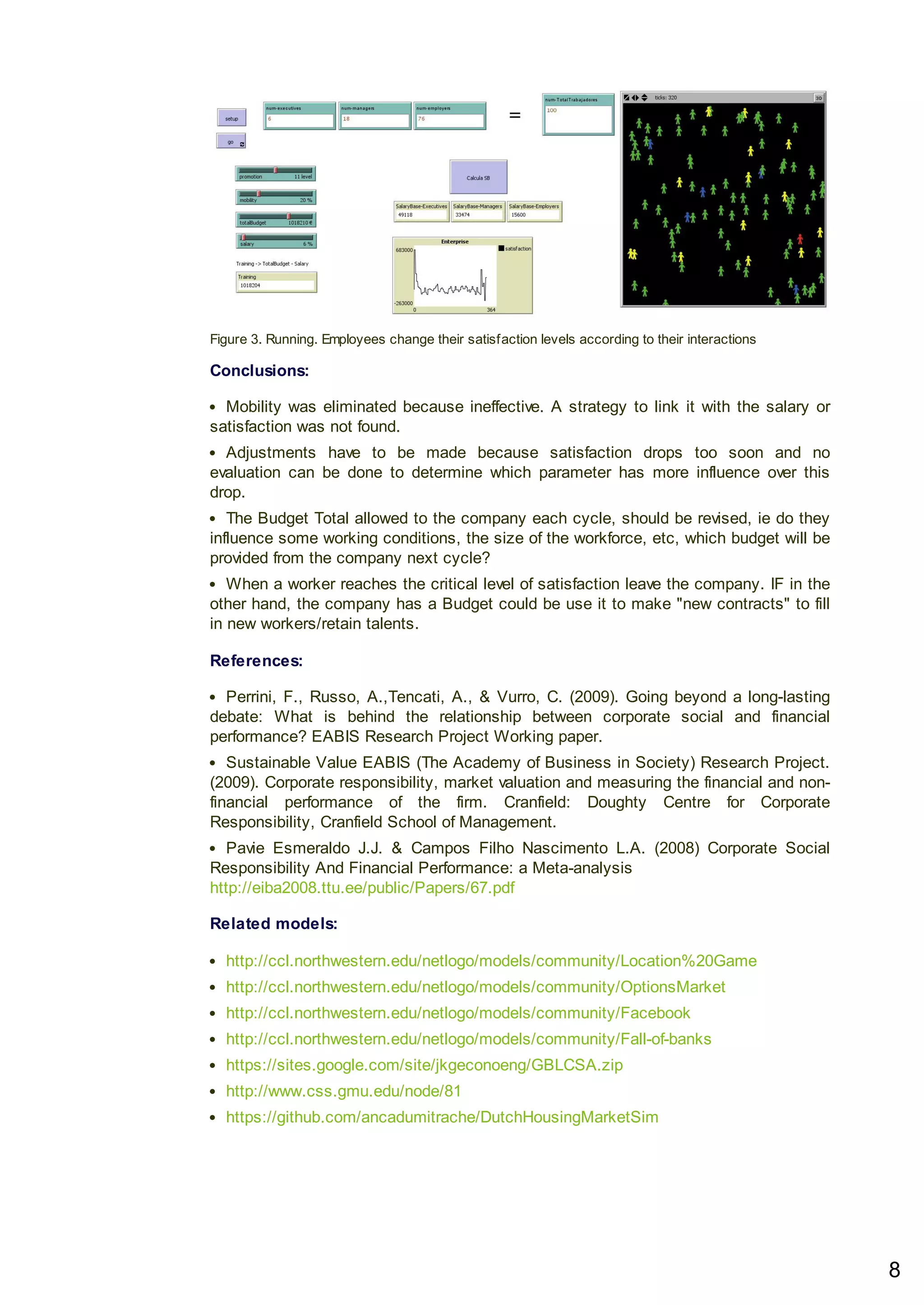 Figure 3. Running. Employees change their satisfaction levels according to their interactions
Conclusions:
Mobility was eliminated because ineffective. A strategy to link it with the salary or
satisfaction was not found.
Adjustments have to be made because satisfaction drops too soon and no
evaluation can be done to determine which parameter has more influence over this
drop.
The Budget Total allowed to the company each cycle, should be revised, ie do they
influence some working conditions, the size of the workforce, etc, which budget will be
provided from the company next cycle?
When a worker reaches the critical level of satisfaction leave the company. IF in the
other hand, the company has a Budget could be use it to make "new contracts" to fill
in new workers/retain talents.
References:
Perrini, F., Russo, A.,Tencati, A., & Vurro, C. (2009). Going beyond a long-lasting
debate: What is behind the relationship between corporate social and financial
performance? EABIS Research Project Working paper.
Sustainable Value EABIS (The Academy of Business in Society) Research Project.
(2009). Corporate responsibility, market valuation and measuring the financial and non-
financial performance of the firm. Cranfield: Doughty Centre for Corporate
Responsibility, Cranfield School of Management.
Pavie Esmeraldo J.J. & Campos Filho Nascimento L.A. (2008) Corporate Social
Responsibility And Financial Performance: a Meta-analysis
http://eiba2008.ttu.ee/public/Papers/67.pdf
Related models:
http://ccl.northwestern.edu/netlogo/models/community/Location%20Game
http://ccl.northwestern.edu/netlogo/models/community/OptionsMarket
http://ccl.northwestern.edu/netlogo/models/community/Facebook
http://ccl.northwestern.edu/netlogo/models/community/Fall-of-banks
https://sites.google.com/site/jkgeconoeng/GBLCSA.zip
http://www.css.gmu.edu/node/81
https://github.com/ancadumitrache/DutchHousingMarketSim
8
 