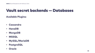 32
Secret Management with Hashicorp's Vault
Quelle / Max Mustermann
Vault secret backends — Databases
Available Plugins:
•...