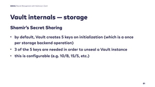 Vault internals — storage
81
Secret Management with Hashicorp's Vault
Quelle / Max Mustermann
• by default, Vault creates ...
