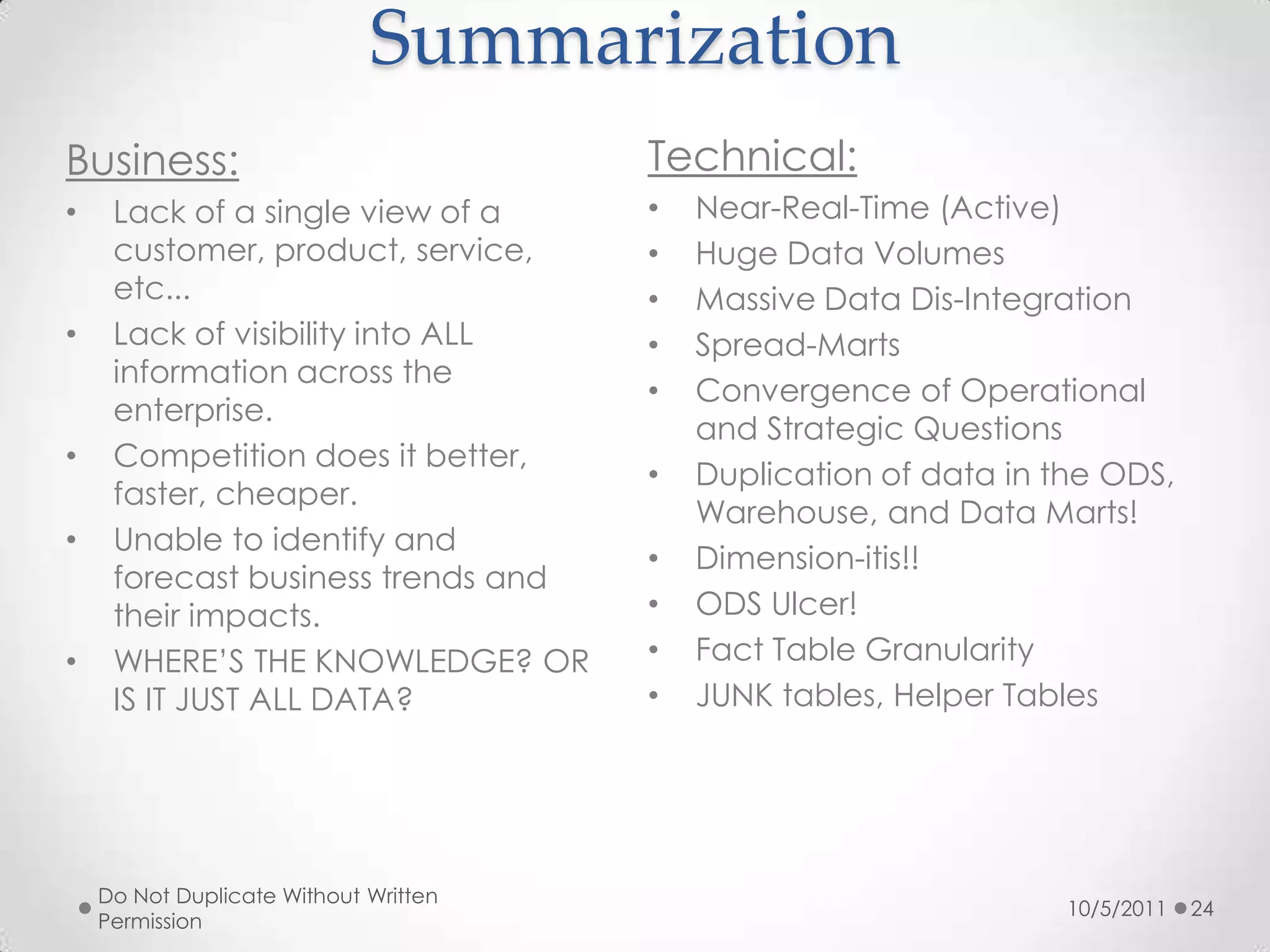 Applying the Data Vault to Global DW2.010/5/2011Do Not Duplicate Without Written Permission12Manufacturing EDW in ChinaPlanning in BrazilHubHubLinkSatSatLinkSatSatLinkHubLinkHubHubSatSatSatSatSatSatSatSatBase EDW Created in CorporateFinancials in USA